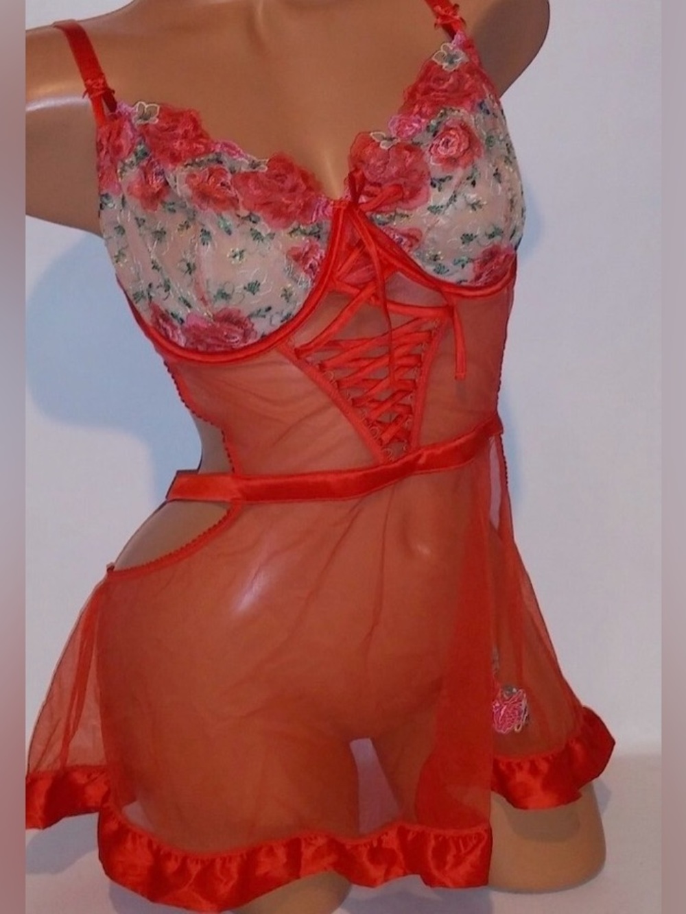 Victoria Secret Lingerie Babydoll One Piece Red-Orange Floral Embroidered